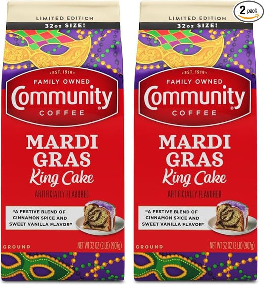 Community Coffee Mardi Gras King Cake Flavored 32 Ounces, Medium Roast Ground Coffee, 32 Ounce Bag (Pack of 2)
