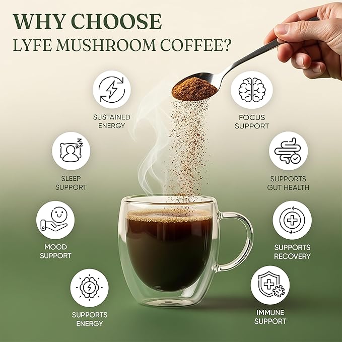 LYFE Organic Instant Mushroom Coffee ??Lion?™s Mane, Chaga, Cordyceps, Turkey Tail | USA Grown Adaptogenic Mushrooms for Better Energy, Focus, Gut Health, Immunity ??40 Servings
