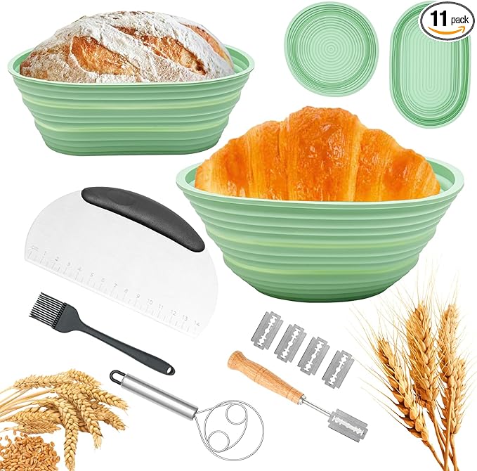 Sourdough Bread Baking Supplies, Silicone Banneton Bread Proofing Basket Set of 2, 9 Inch Round & 10 Inch Oval Foldable Sourdough Proofing Basket, Sourdough Starter Kit, Bread Making Tools (Green)