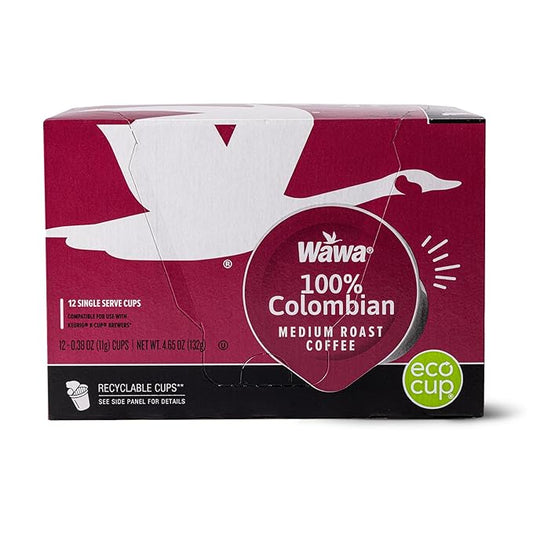 Wawa Colombian Medium Roast Single Cup Coffee Pods, 12 Pods, 1 Box, Medium Bodied Blend, Chocolate & Fruit Notes, Single Serve, 100% More Responsibly Sourced from Rainforest Alliance Certified Farms