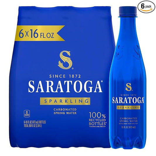 Saratoga Sparkling Water Bottles, 6-Pack - Carbonated Spring Bottled Water with Naturally Occurring Minerals & Electrolytes - Recycled PET Plastic Bottles - 16 Fl Oz