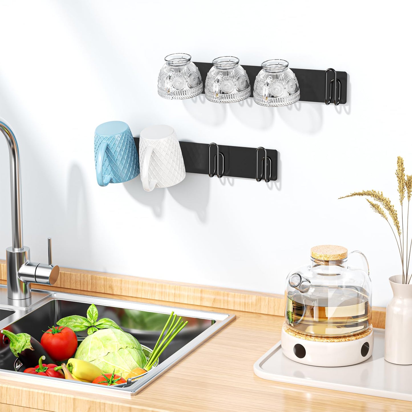LOXSUN 2pcs Mug Holder Wall Mounted, Coffee Cup Holder with 4 Mug Hooks, Metal Cup Hanger Mugs