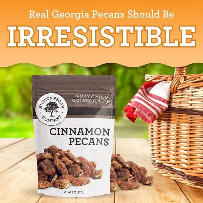 HUDSON PECAN COMPANY: Cinnamon Pecans, Georgia Grown, Family Owned. Cinnamon & Sugar Candy Coated Pecans, Expertly Baked to Perfection, (Perfect for Salads, Baking, Snacking & Gifting), 8oz