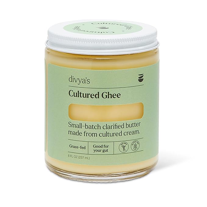 Divya's Cultured Ghee - 8 oz Grass-Fed Ghee Clarified Butter - Great For Cooking Meals & Promotes Gut Health - Non-GMO, Gluten Free, Keto Friendly, Ayurvedic Ghee Butter