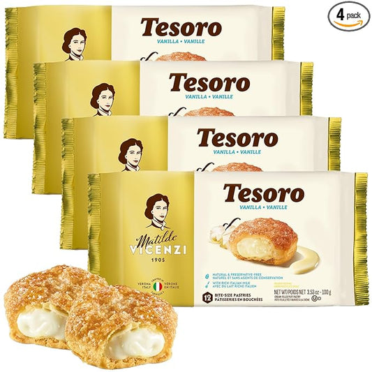 Tesoro Vanilla Filling by Pasticceria Matilde Vicenzi, Vanilla Cream Filled Puff Pastry Patisserie, Kosher Dairy, Made in Italy, 3.53oz (100g), 4-Pack