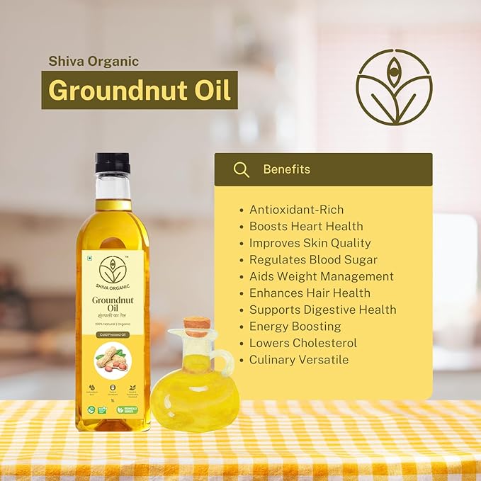 Shiva Organic Cold-Pressed Groundnut Oil - 100% Natural, Certified Organic - 1L (33.8 fl oz) for Cooking, Frying, and Healthy Living