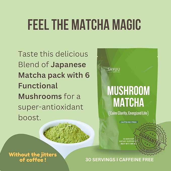 SAYUU Mushroom Matcha Coffee Powder ??Instant coffee Blend with Functional Mushrooms for Calm Focus, Stamina, and Immune Support - 30 Servings