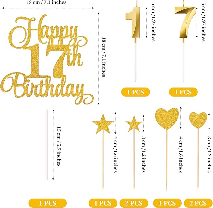 17th Birthday Cake Decorations, 17th Birthday Candles Cake Numeral Candles and Glitter Happy 17th Birthday Cake Toppers Set for Birthday Party Supplies (Gold)