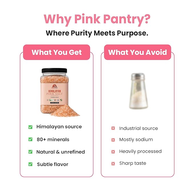 Pink Pantry Himalayan Pink Salt, 100% Pure Himalayan Salt, Non-GMO, Kosher Certified, No Additives, Ideal for Cooking, Seasoning & Gourmet Dishes, Rich in Trace Minerals, 5lb Jar, Coarse Grain