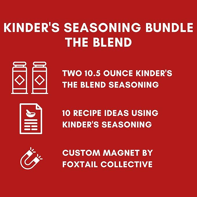Kinders The Blend Seasonings Bundle - Two XL 10.5-ounce Bottles + 10 Recipe Ideas + Fridge Decal, Great for Grilling Meats & More (Garlic Salt, Pepper, No MSG) from FOXTAIL COLLECTIVE. Gluten-Free & Non-GMO