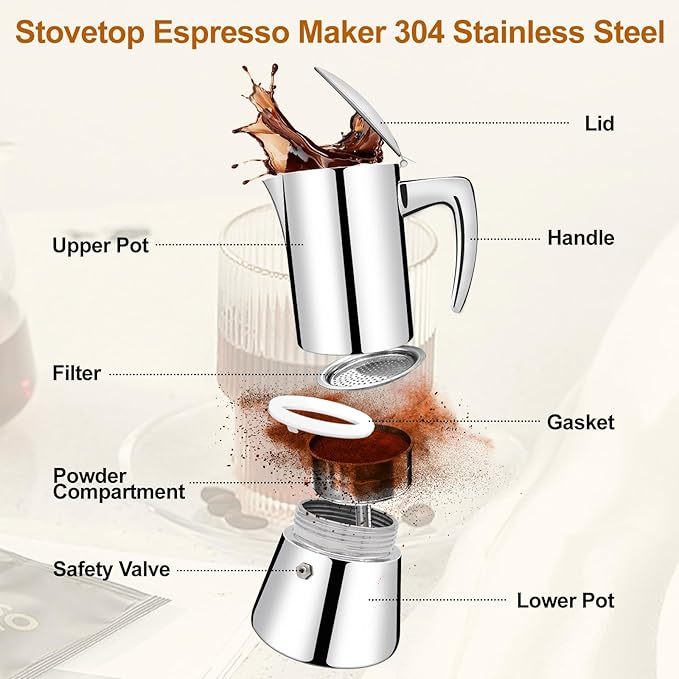 No Coating 6 Cup Thickened 304 Stainless Steel Moka Pot Stovetop Espresso Maker Italian Coffee Machine 300ml 10.1oz Suitable for Gas Induction Stovetop Greca Coffee Maker Percolator