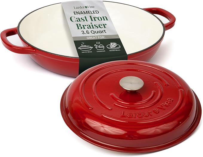Larder & Vine Enameled Cast Iron Braiser | 3.6 qt Braiser Pan with Lid | Shallow Dutch Oven Compatible on All Cooktops | Casserole Dish Oven Safe to 500ì§?F | Dual Handles | Cabernet