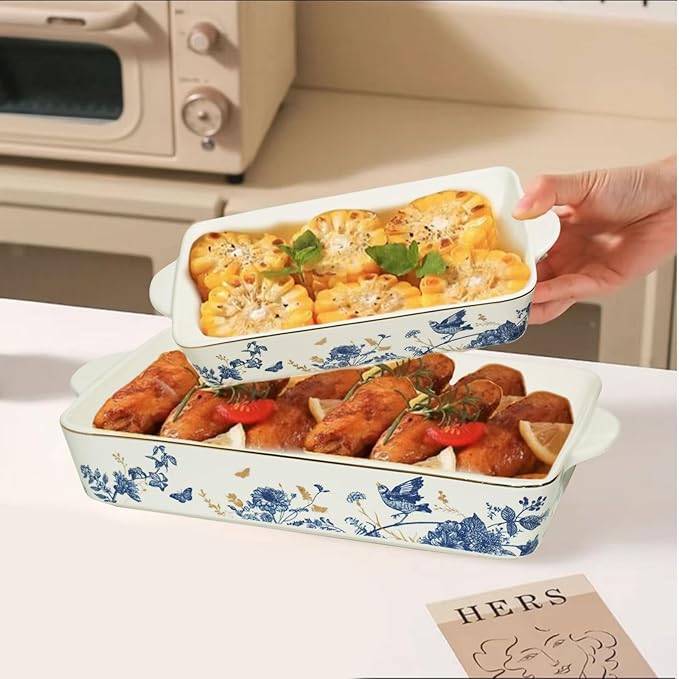 Baking Pans Set of 2 Blue flower 14 inch Ceramic for Oven Large Casserole Baking Dish Set with Handles Porcelain Bakeware Sets Casserole Dish for Oven/Cooking/Kitchen/Cake Dinner