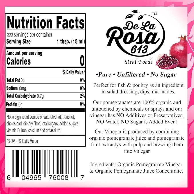 De La Rosa Organic Pomegranate Vinegar, Pure & Unfiltered, Vegan, Gluten Free & Kosher, Great for Salad Dressing, Marinades, 100% Pure Pomegranate Vinegar 5 Liters (pack of 1)