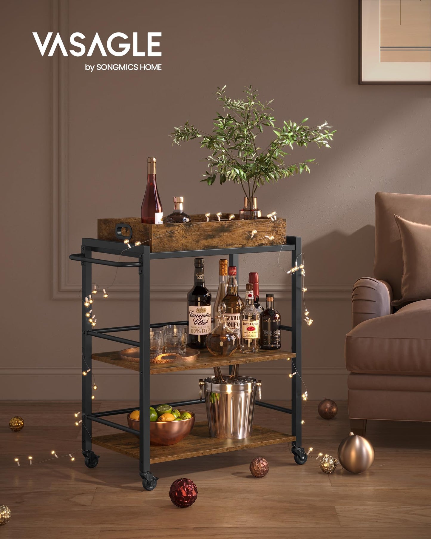 VASAGLE Kitchen Serving Cart with Removable Tray, 3-Tier Kitchen Utility Cart on Wheels with