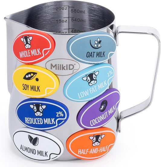 Milk Frothing Pitcher with 8 Allergen Silicone Snap-On Labels | Must-Have Barista Tool | Coffee Bar Accessories & Espresso Accessories Kit | (20oz / Pitcher + Labels)