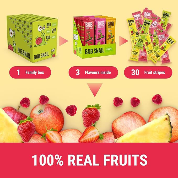 BOB SNAIL Healthy Organic Fruit Snacks for Kids and Adults ??30 Organic Fruit Leather Snacks with Strawberry, Raspberry, Pineapple ??Vegan Low-Carb Variety Pack Strips for Kids ??Sugar Free Jerky Bars