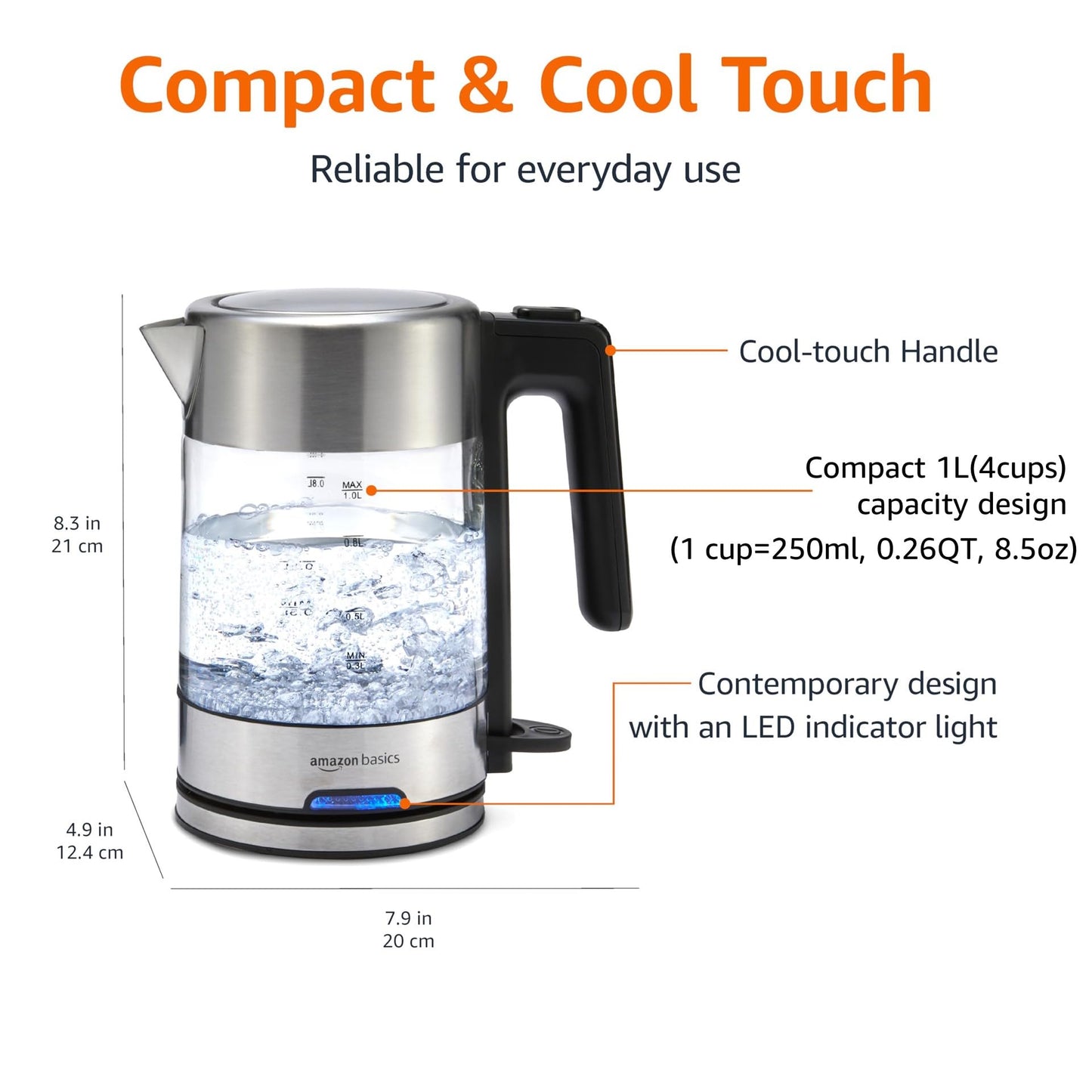 Amazon Basics Electric Kettle with Glass Carafe for Tea and Coffee, Fast Boiling, Auto Shut-Off