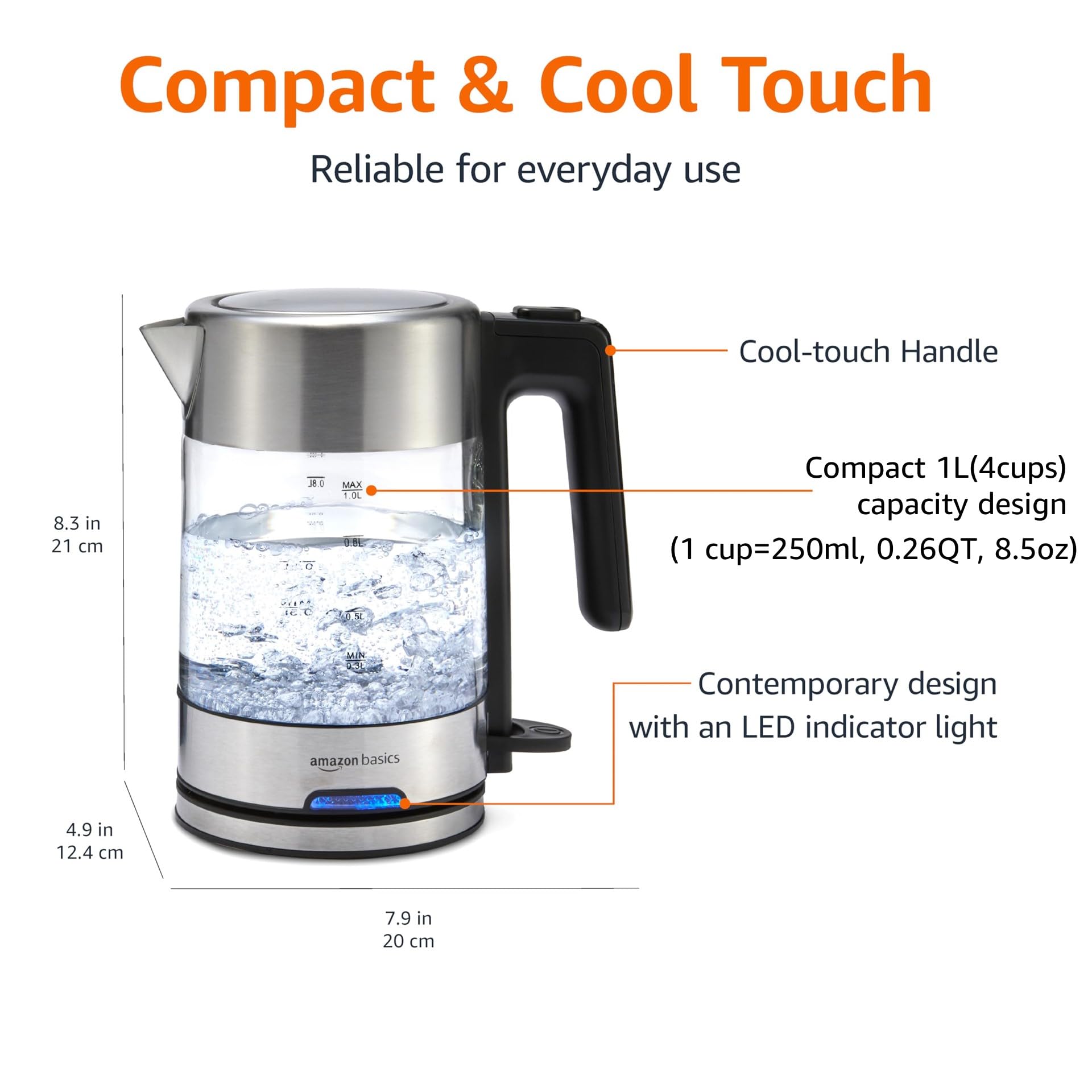 Amazon Basics Electric Kettle with Glass Carafe for Tea and Coffee, Fast Boiling, Auto Shut-Off