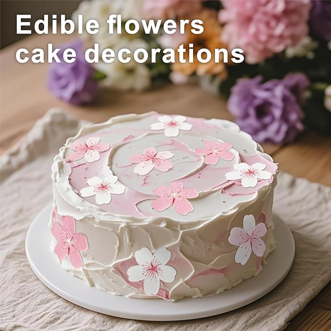 60 Pcs Edible Flowers Cake Decorations, Wafer Paper Pink Cherry Blossoms Flowers Edible Cake Decorations, Flower Cupcake Toppers for Bridal Shower Baby Shower Birthday Party Supplies
