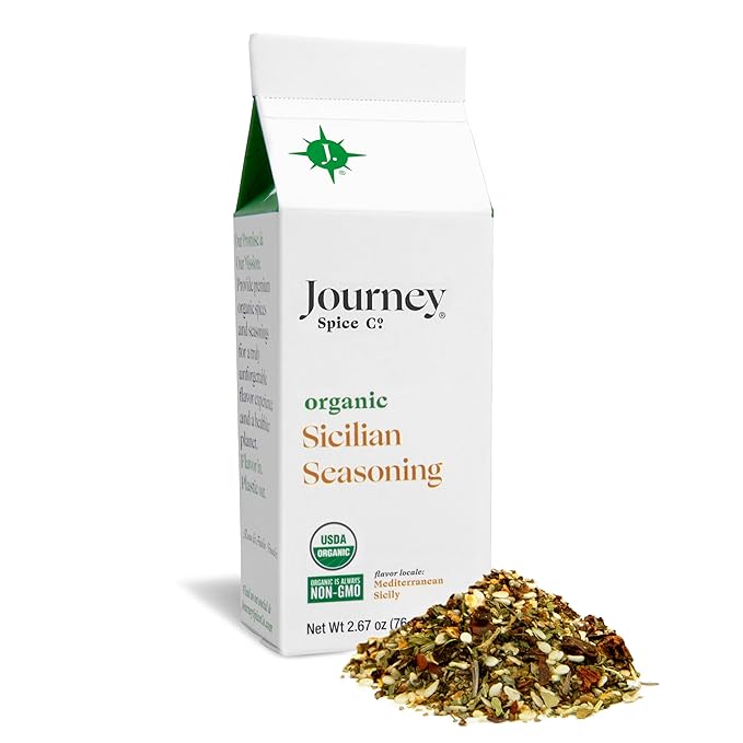 Organic Sicilian Seasoning by Journey Spice Co. | Salt-Free, Sugar-Free, Non-GMO | Natural Mediterranean Italian Spice Herb Blend for Pasta, Veggies, Meat, Salad, and More. | 2.67 oz. | Resealable/Reusable Cap