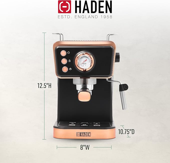 HADEN Barista Brew Espresso Coffee Machine, Stainless Steel Espresso Maker with Milk Frother and Steamer Function and 1.5L Water Tank, Black & Copper