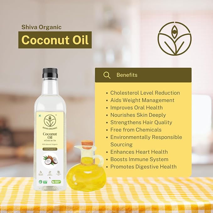 Shiva Organic Cold-Pressed Coconut Oil - 100% Natural, Certified Organic - 1L (33.8 fl oz) for Cooking, Beauty, and Holistic Wellness