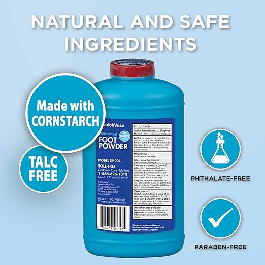 HealthWise Medicated Maximum Strength Foot Powder | 1% Menthol | Talc Free | Anti-itch Healing Relief | Cools Skin | Absorbs Moisture | 10 oz (283g)