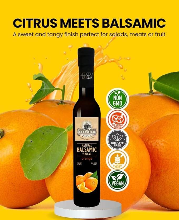 Ellora Farms, Greek Balsamic Vinegar, Orange Infused, Barrel Aged, No-added sugars, No-preservatives, Glass bottle, 8.5 oz (Orange)