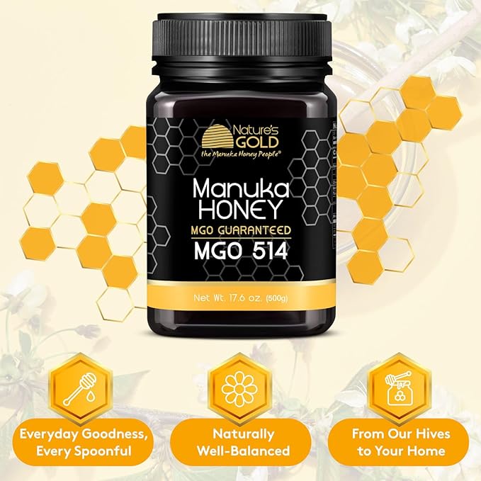 Nature’s Gold Raw Manuka Honey, Certified MGO 514+ | Authentic MGO, Australian Honey, Non-GMO, 100% Pure Genuine Traceable from Hive to Home (17.6oz)