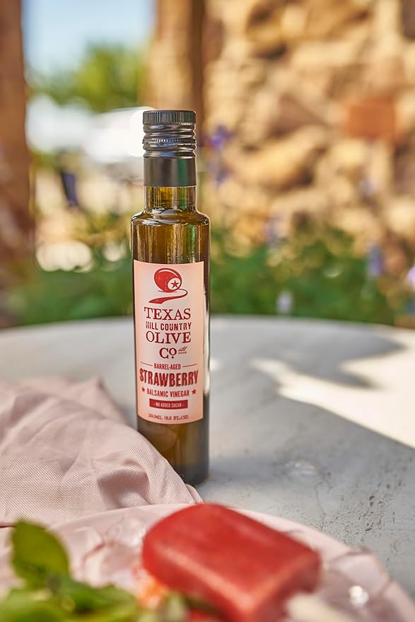 Strawberry White Balsamic Vinegar - Gourmet Barrel Aged Infused Balsamic Vinegar - Great for Dressing Dipping Glazing - No Artificial Flavors or Added Sugar - Made in Texas (8.5 oz)