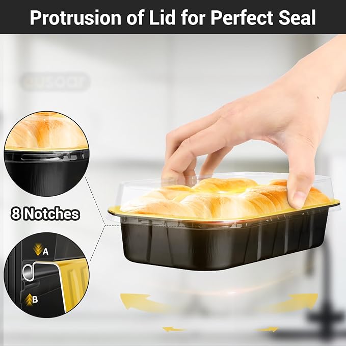 EUSOAR Mini Cake Pans with Lids，Black Gold 50pcs 20.9oz Aluminum Foil Disposable Mini Cake Loaf Bread Pans with Lids, Creme Brulee Ramekins Muffin Liners Baking Cups, Dessert Containers with Lids