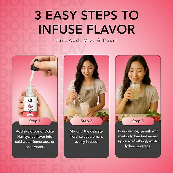 Dolce Flav Natural Lychee Extract ??2 Ounce Water-Soluble Kosher, Sugar-Free, Concentrated Exotic Lychee Flavoring for Beverages, Desserts & Baking, Includes Measured Dropper