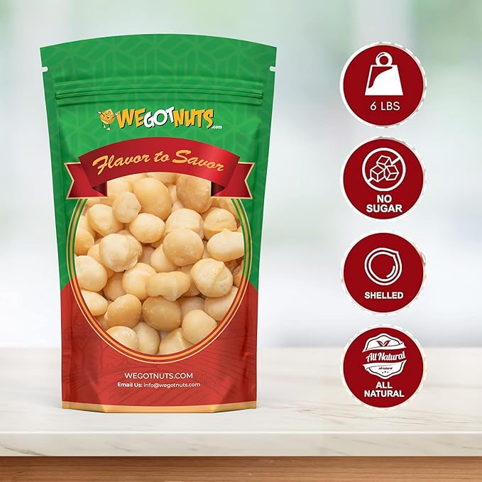 Raw Deluxe Macadamia Nuts - 6 lbs - Shelled & Unsalted Premium Quality Kosher Raw Macadamia Nut Snack Pack By We Got Nuts - Natural Gourmet Fresh Macadamia Nuts Bulk - Packed In A Resealable Pouch Bag
