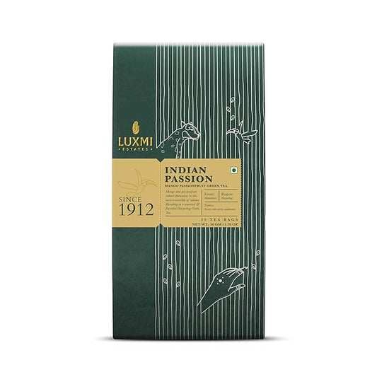 Luxmi Estates Indian Passion Organic Mango Passion Fruit Green Tea (25 Tea Bags) Mildly Caffeinated Tea Bags For Detox, Cleansing, and Digestion, With Certified Organic Darjeeling Makaibari Green Tea