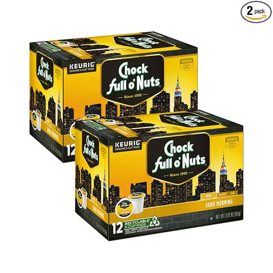 Chock Full o'Nuts Soho Morning Coffee, Mild Roast, Compatible with K-Cup Pods, 12 CT (Pack of 2)