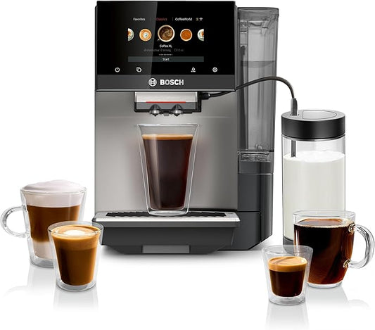 Bosch 800 Series Fully Automatic Espresso and Coffee Machine ??36 Drinks with Coffee World, Cold Brew, Double Cup, Milk Hose, Glass Milk Container, in Metallic Silver TPU60501
