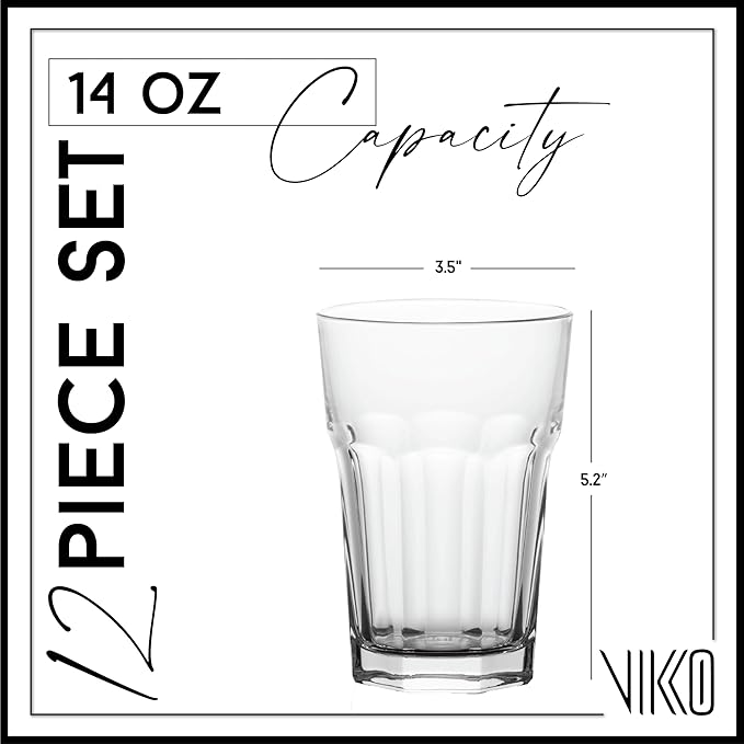 Vikko Large Drinking Glasses, 14 Ounce Glass Cups, Durable Glasses Drinking Set of 12, Stackable Water Glasses, Highball Glasses, Heavy Base Tumblers & Water Glasses, Dishwasher Safe Cups for Kitchen