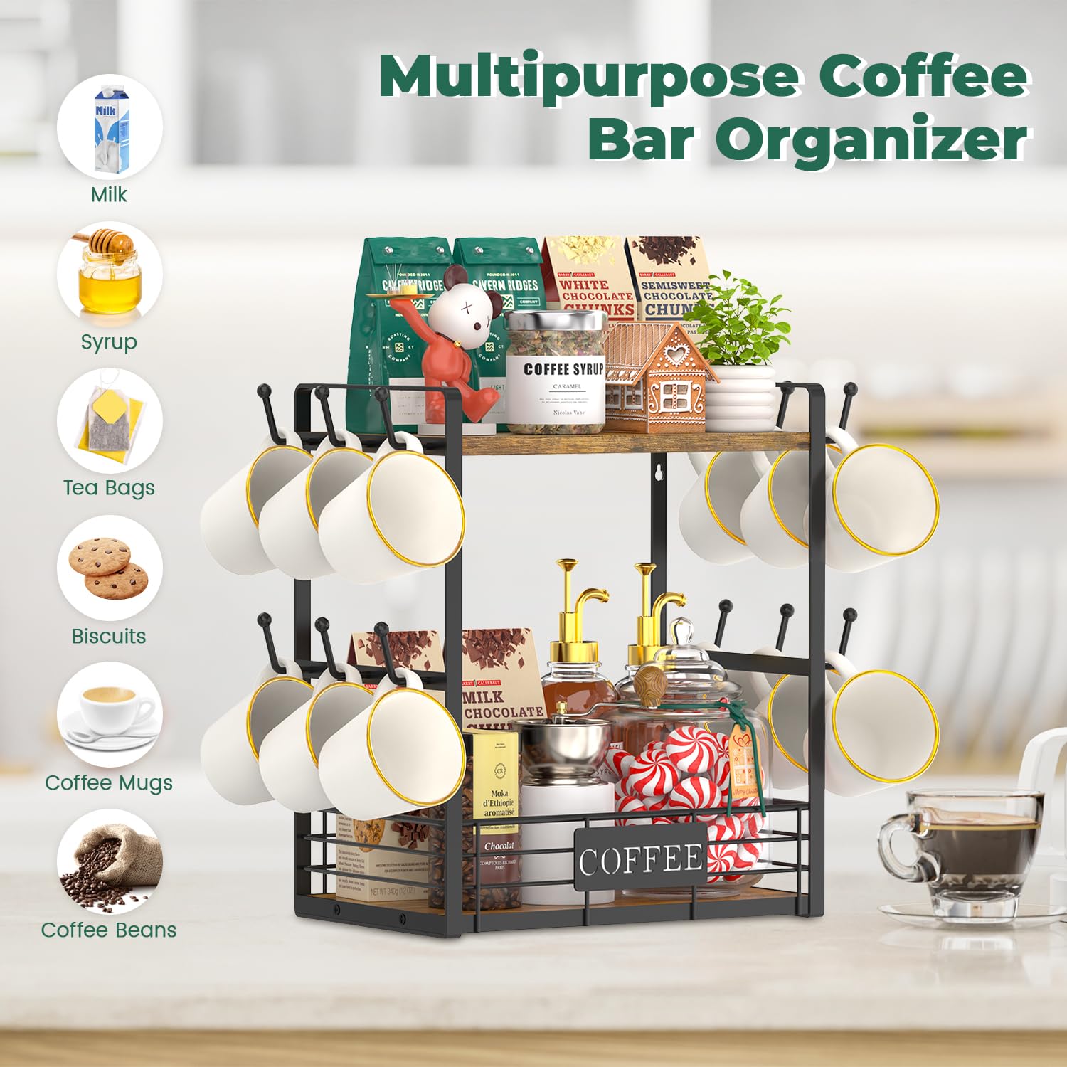 EsLuker.ly Coffee Mug Cup Holder Tree Bar Station Organizer, 2 Tier Mug Stand Rack for Countertop