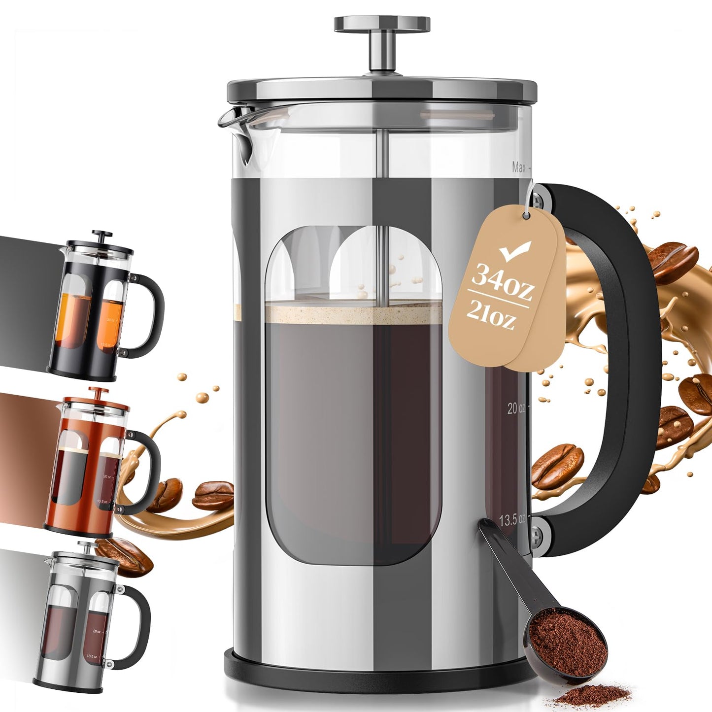 Veken French Press Coffee Maker,No Plastic Touching Cafe,34oz 1L Cafetera