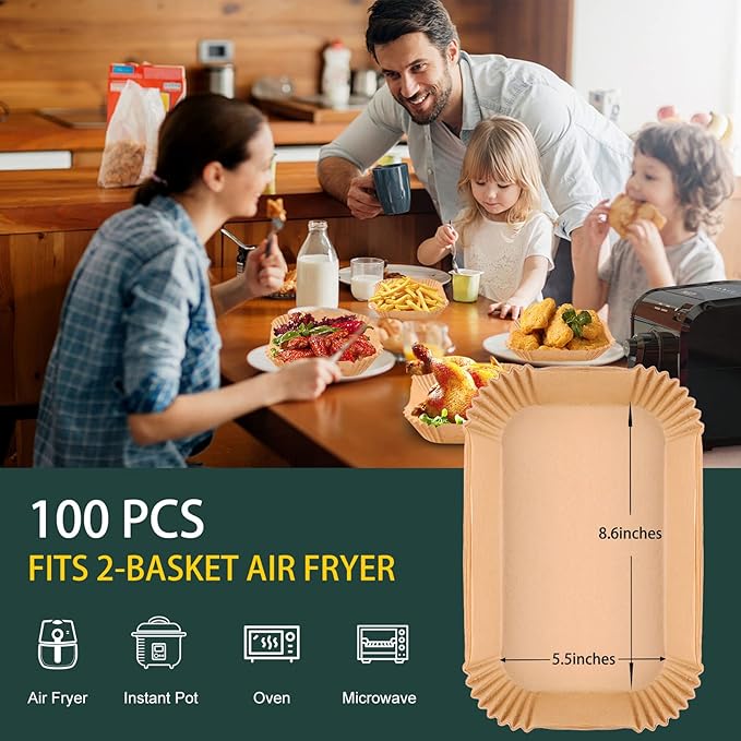 Air Fryer Disposable Paper Liners for Ninja Dual Airfryer Accessories, Non-Stick Parchment Rectangular for Baking, Oil Proof, Water Proof, for Microwave Oven (100PCS, 8.6in x 5.5in)