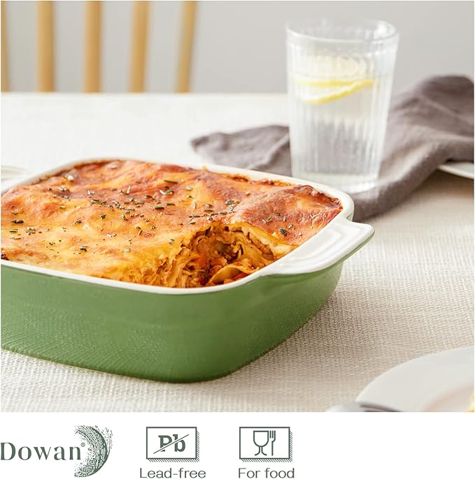 DOWAN Casseroles dish with lids, Ceramic Baking Dish With Lid, Casserole Dishes for oven, 1.6 Quarts Bakeware With Handle Oven Safe for Cooking, Dinner, Home Gift, 8 x 8 Inches, Green