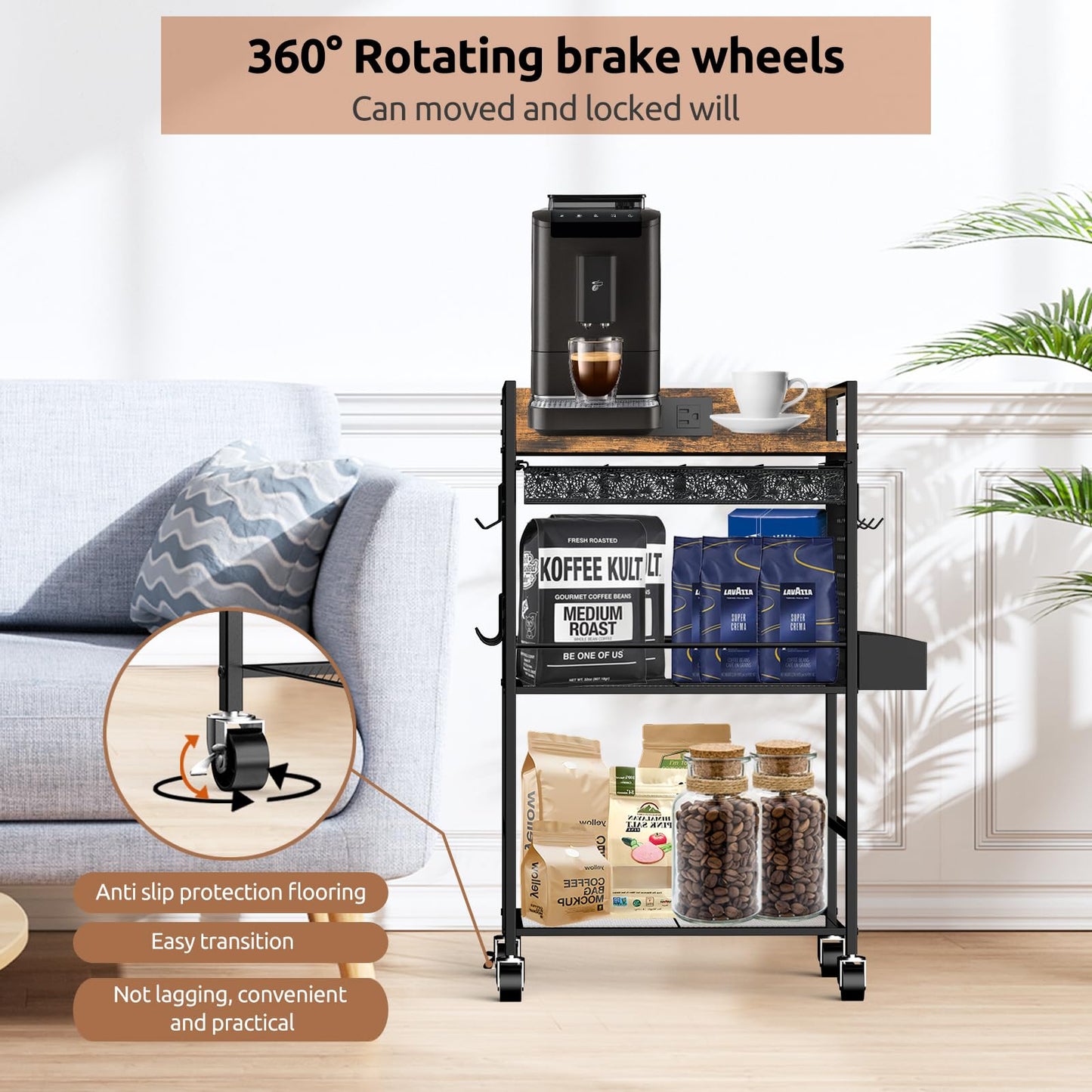 Compact Coffee Bar Cabinet, Rustic Brown & Black