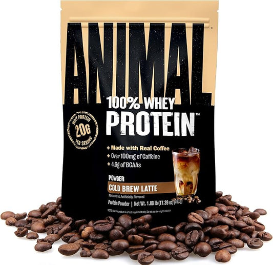 Animal 100% Whey Protein Powder Instant Iced Coffee ??Real Coffee for Preworkout, Post Workout Whey Blend + 20g of Protein Shake, 120mg of Caffeine Meal Replacement with BCAA ??Cold Brew Latte, 1 lb