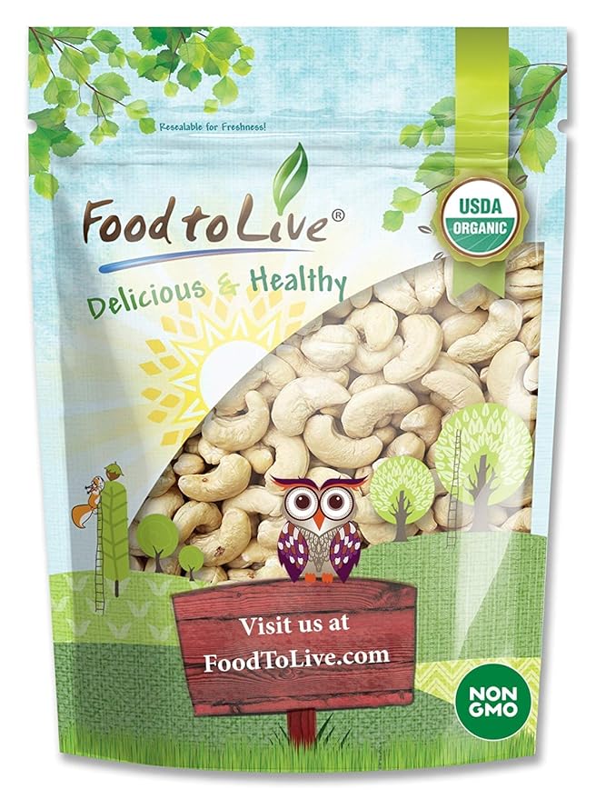 Food to Live Organic Cashews, 8 Ounces ??Whole, Size W-240, Unsalted, Non-GMO, Kosher, Raw, Vegan, Bulk