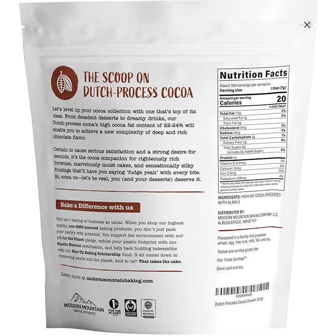 Cocoa Powder (5 lb) Dutch Processed Cocoa Powder, Unsweetened, Extra Rich Cocoa Flavor, 22-24% Fat, Premium Culinary Grade, Non-GMO Sourced, Fair Trade Certified, Perfect Cocoa for Baking and Cooking