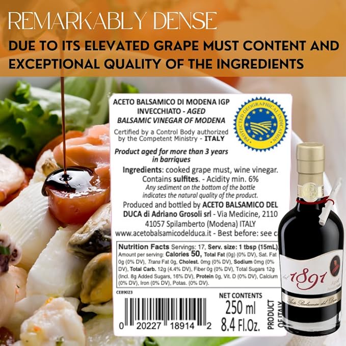 ACETO BALSAMICO DI MODENA DEL DUCA Since 1891 AGED Italian Balsamic Vinegar, IGP certified, Imported from Italy, 8.4fl oz (250ml) bottle - Pack of 1