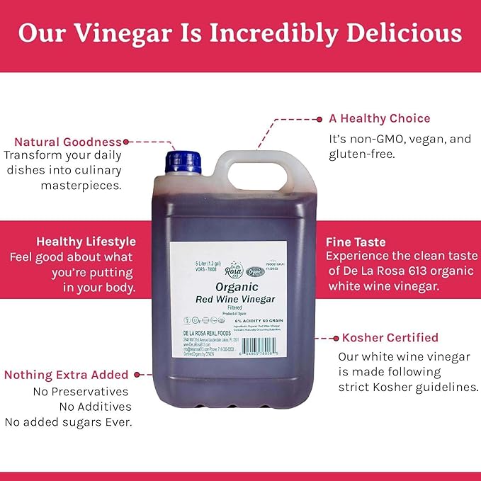 De La Rosa Organic Red Wine Vinegar, Filtered, Kosher for Passover, Vegan, Non-GMO & Gluten Free, Great for Salad Dressings, Marinades & More, Organic Red Wine Vinegar, 5 Liter (Pack of 1)
