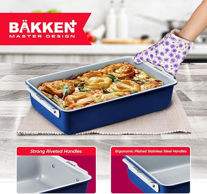 Bakken 8-Piece Stackable Bakeware Set - Ceramic Non-Stick Coating, Baking Sheets, Assorted Baking Pans, PTFE, PFOA & PFOS Free - Healthy Baking, Ergonomic Handles, Cooling Rack, Non-Toxic, Oven-Safe