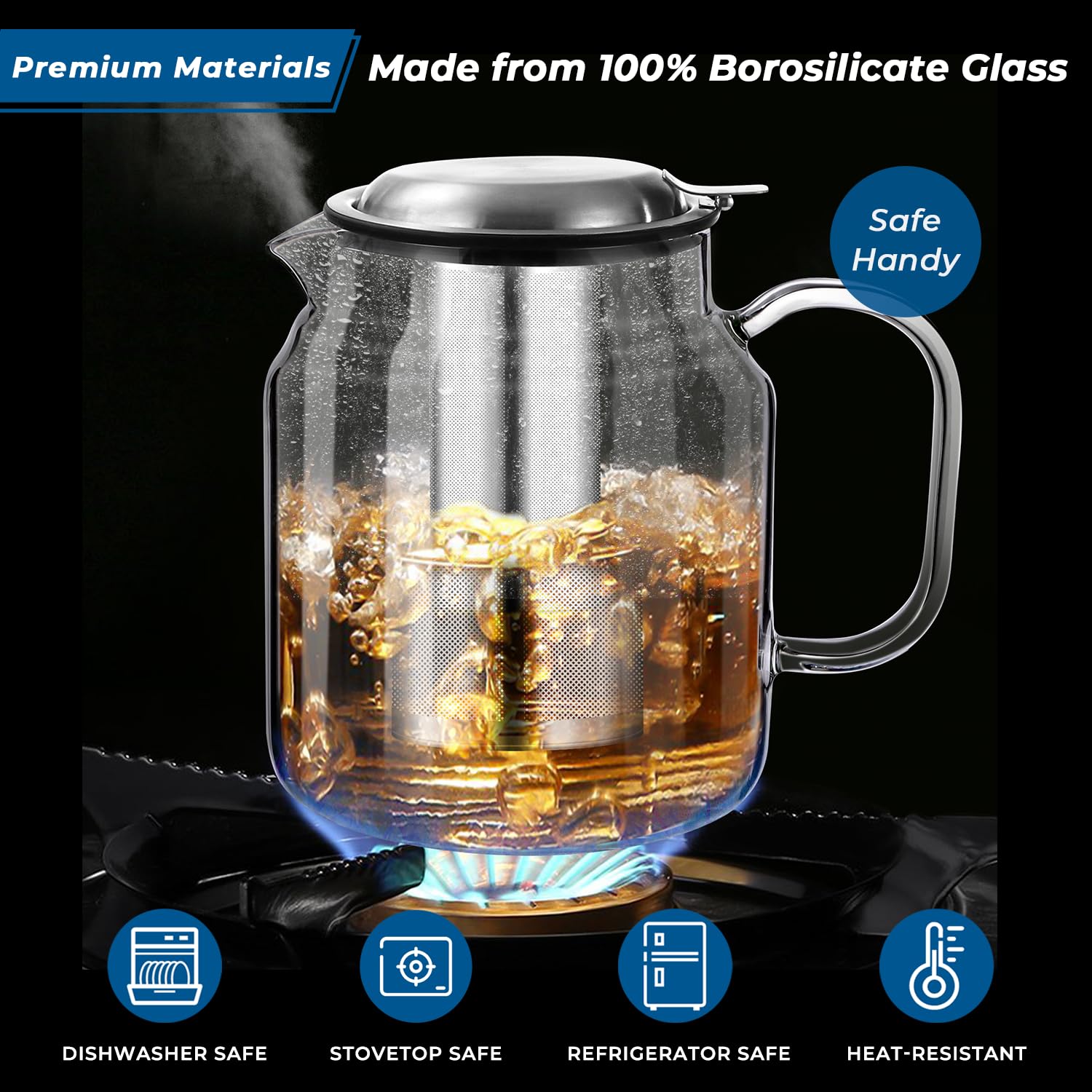 Aquach 85oz Glass Teapot with Infuser, Stovetop Safe Borosilicate Tea Pot